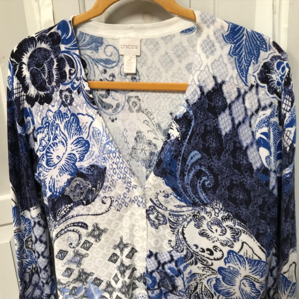 Chico's Blue and White Floral Button Down Cardigan - Picture 10 of 14